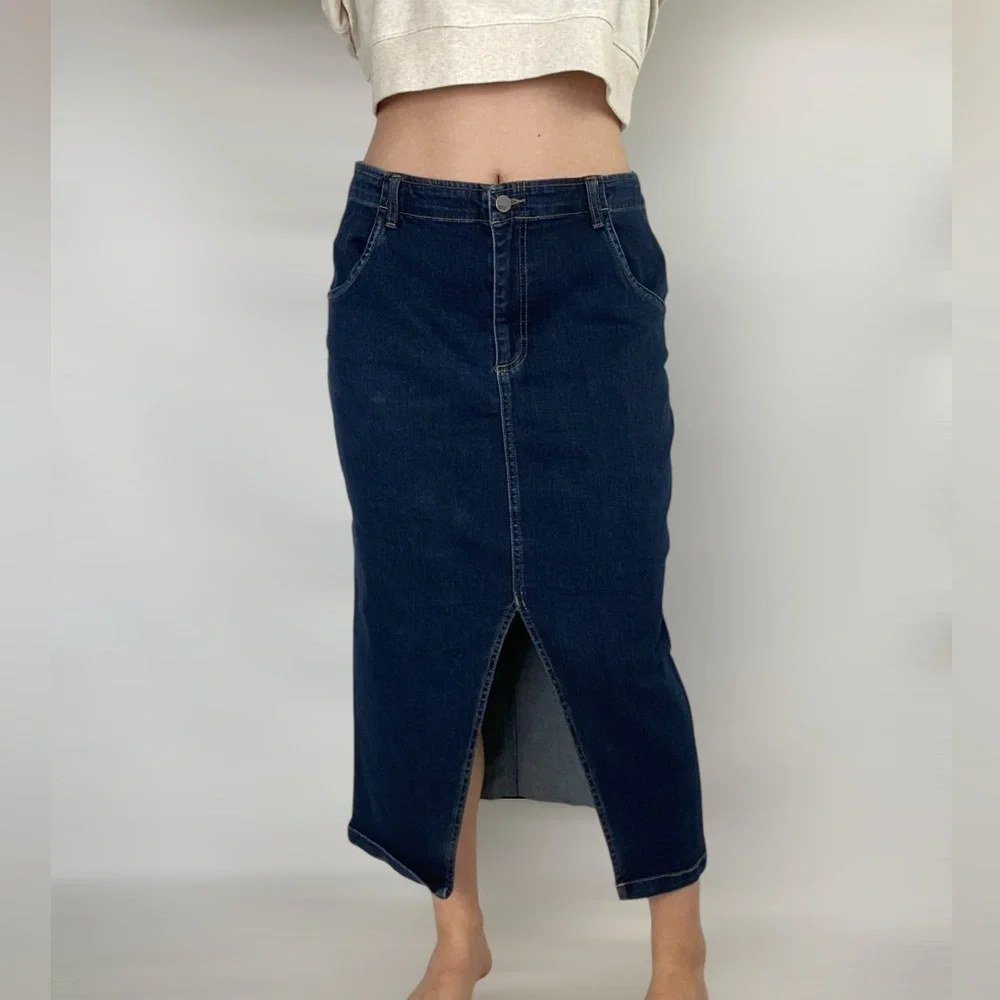 WASH LAB Daily Slit Denim MIDI‎ Skirt Dark Wash High Rise in Dark Blue